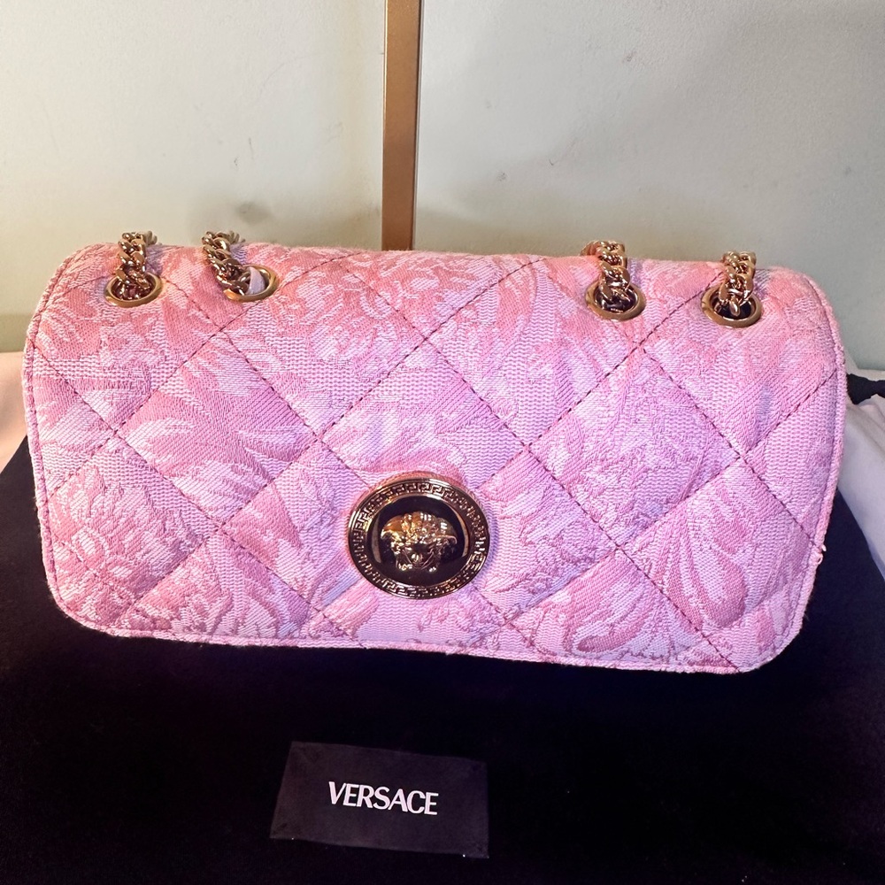 VERSACE Pink Quilted Baroque Jacquard Medium Shoulder Bag